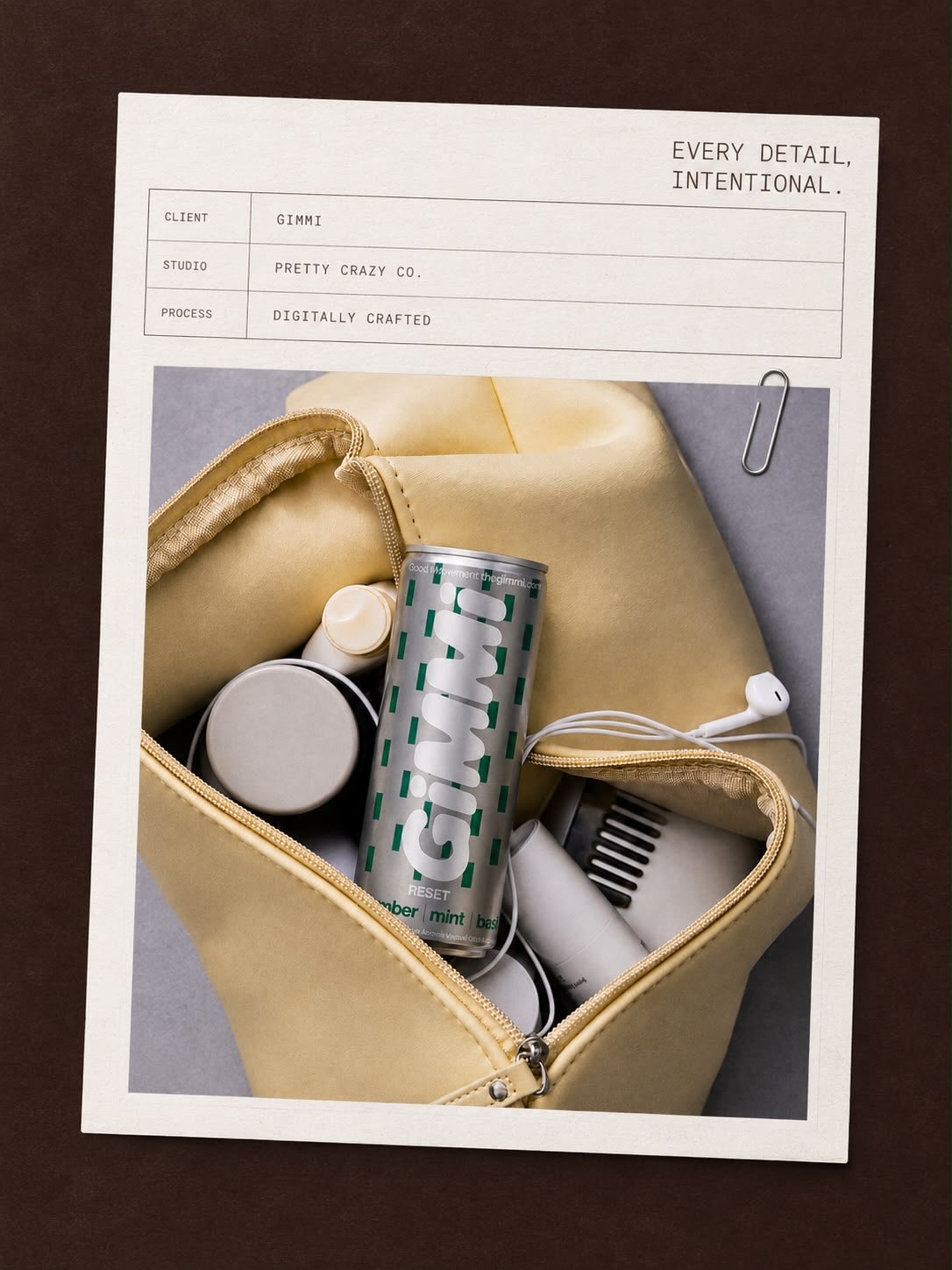 Every detail, intentional: a GIMMI Reset can inside a yellow wash bag, with a client and studio card
