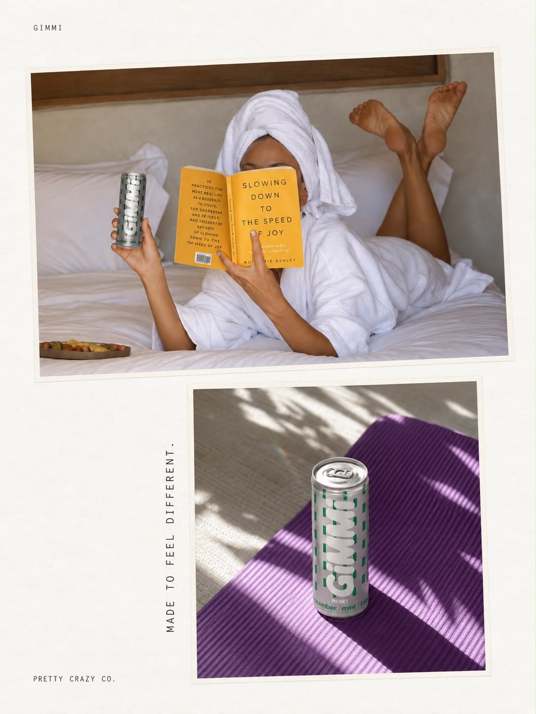 Made to feel different: a person reading in a white robe, holding a GIMMI can, and a can on a purple yoga mat